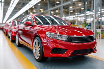 Obraz premium A vibrant red car on an assembly line, showcasing modern automotive manufacturing in action.