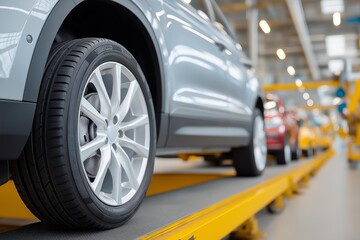 Close-up of a modern vehicle tire on an assembly line in a high-tech automotive factory.