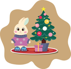 Cute Bunny with Christmas Tree and Gift