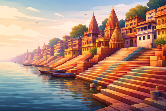 Varanasi ghats with steps, stylized vector landscape, colorful blocks, calm mood