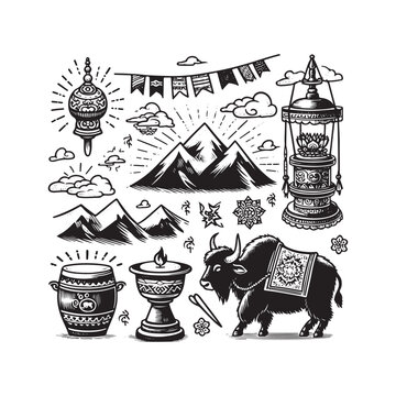 losar doodle icon set prayer flags butter lamp drum and yak