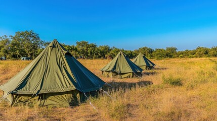 Row of green canvas tents erected in a structured pattern on a dry grassy field under a clear blue sky