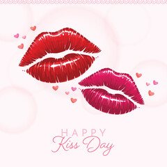 Celebrate Happy Kiss Day with this vibrant vector illustration featuring glossy lipstick marks, tiny floating hearts and a soft bokeh background. Ideal for romantic greetings and social media