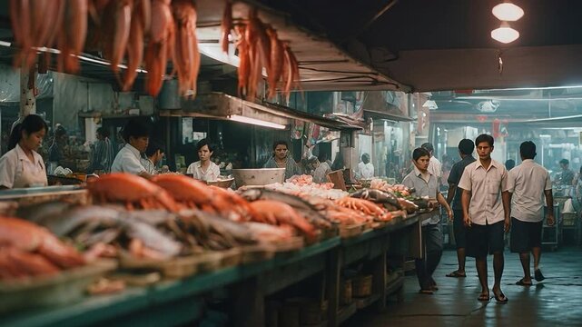 Vendors sell fresh fish and seafood at a busy market. Customers browse various stalls filled with different types of fish. The scene shows workers handling products and engaging with shoppers