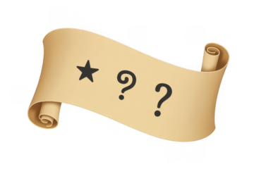 Scroll with star and question marks parchment symbol isolated on a transparent background