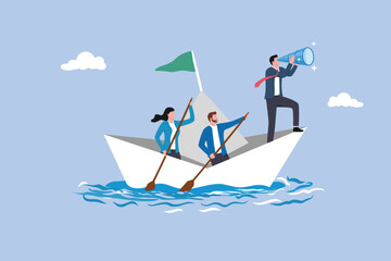 Businessman leader with binoculars lead business team sailing origami ship, vision or forward strategy for success concept, leadership to lead business in crisis, teamwork or support to achieve target © purnama