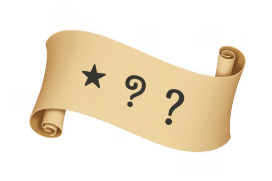 Scroll with star and question marks parchment symbol isolated on a transparent background - Powered by Adobe