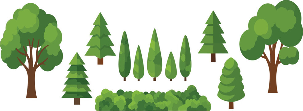 Collection flat vector green trees and bushes oak pine cypress and shrubs isolated on white background for landscape design project.