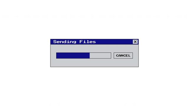4k Retro Computer Old Sending Files Dialog Box and Data Transfer Animation with Alpha Channel