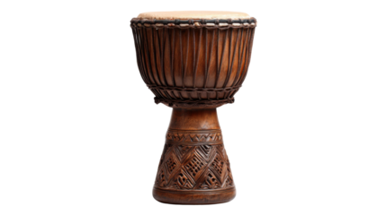 Traditional wooden DJ ember drum isolated on white background African percussion musical instrument hand carved cultural still life studio shot