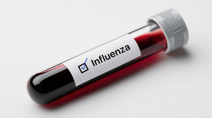 Focused view of influenza test tube containing dark red blood sample with positive virus results on clinical white table surface for diagnosis
