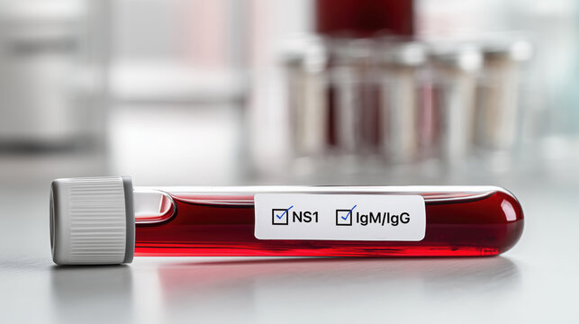 Medical test tube filled deep red blood sample analyzing NS1 IgM IgG for dengue fever diagnosis virus detection laboratory clinical healthcare