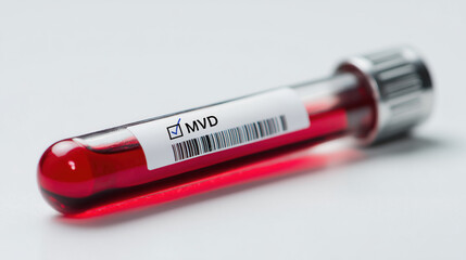 Obraz premium Laboratory glass test tube with red blood sample for mvd Marburg virus medical analysis lying on white surface in clinical environment