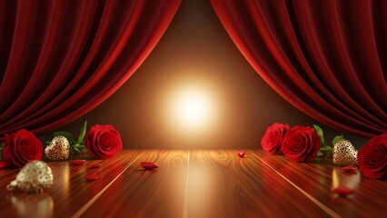 A romantic scene with red roses and heart ornaments under red curtains.
