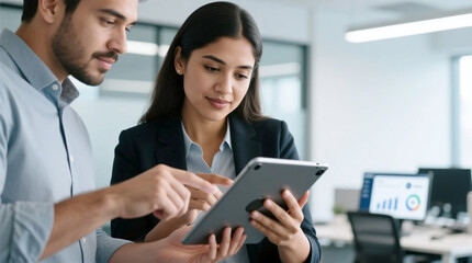 Hispanic coworkers collaborating on digital tablet reviewing business data in modern clean workspace with natural gestures depicting realistic workflow