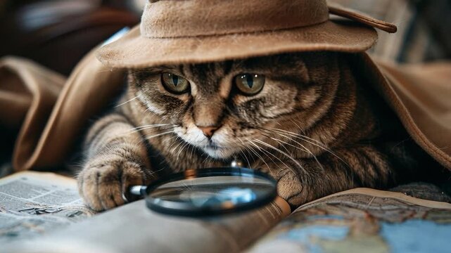 A cat is lying on a map, using a magnifying glass. The cat is wearing a hat and seems to examine the map closely. This scene takes place indoors