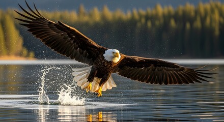 Majestic bald eagle captures prey from water with a splash