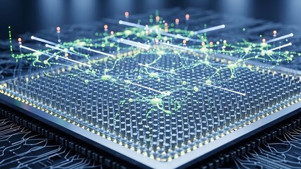 Square microchip with green glowing network nodes and white light strips on a dark tech background.
