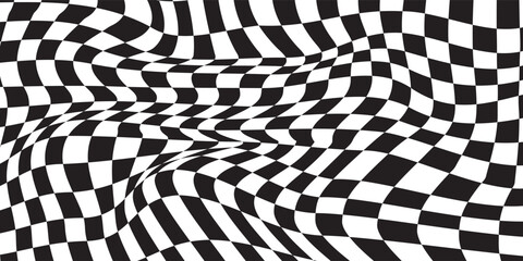 Obraz premium Wavy checkerboard visual distortion illusion. Chess board. Vector illustration.