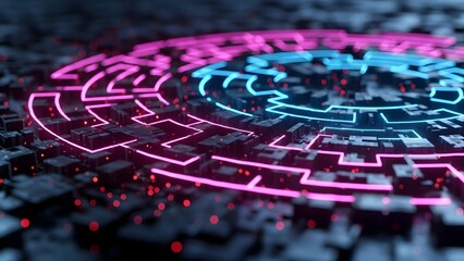 Glowing neon circuit board on a dark background with pink and blue lights and futuristic technological design