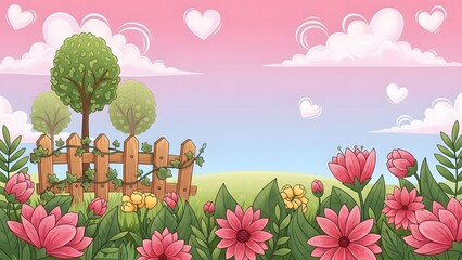 A beautiful cartoon garden with pink flowers and green trees