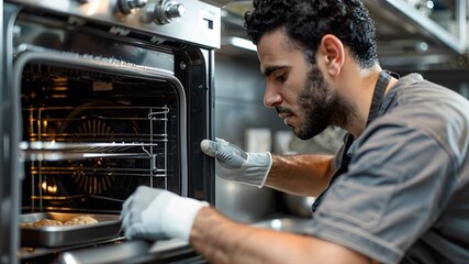 A chef in a kitchen reaches into an oven wearing gloves to take out a tray of food. It is a busy time as he prepares meals for guests. The kitchen has a lot of utensils and equipment