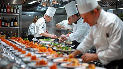 Chefs are focused on plating various dishes in a busy kitchen. The setting is vibrant with food items arranged for serving. The activity showcases teamwork and culinary skills in a restaurant