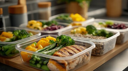 Perspective View of Healthy Meal Prep Containers with Grilled Chicken, Steamed Broccoli, and Bell Peppers