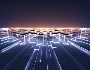 Futuristic cityscape or digital landscape made of glowing rectangular blocks extending toward horizon under dark night sky with warm light emanating