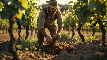 Detailed image of a weathered winemaker scattering natural fertilizer between lush green vines under warm sunlight in a serene vineyard generative AI