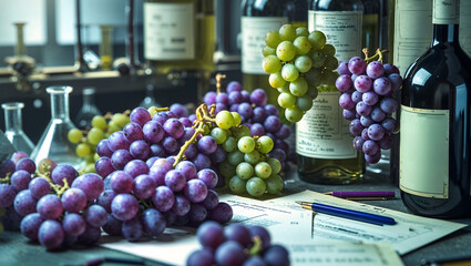 Detailed image of vibrant purple and green grape varieties with scientific notes in a wine laboratory under soft natural light generative AI