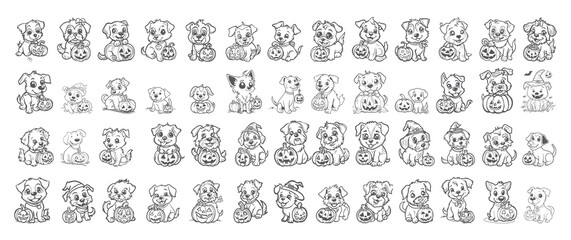 Adorable Halloween Puppies with Pumpkins, Black and White