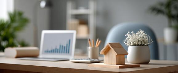 Wooden house model on desk with laptop showing financial graph and supplies in modern workspace