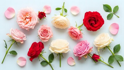 A beautiful arrangement of assorted roses and petals on a light blue background