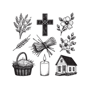 hand drawn line art icons st brigids spring flowers farmhouse and ritual symbols