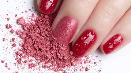 red nails and crushed eyeshadow isolated on white background