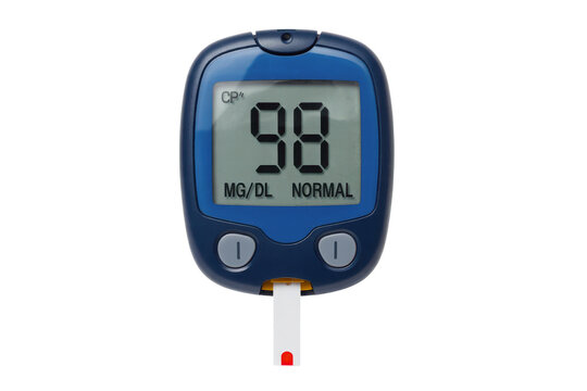 Blood glucose meter displaying normal reading isolated on transparent background