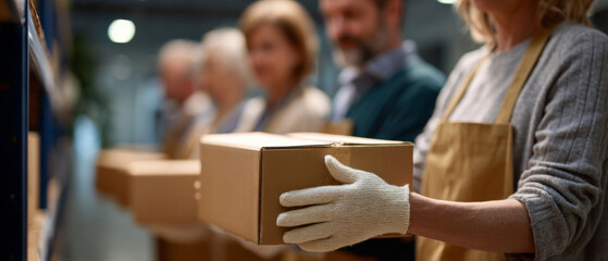 Volunteers in aprons and gloves holding cardboard boxes in a warehouse environment working together