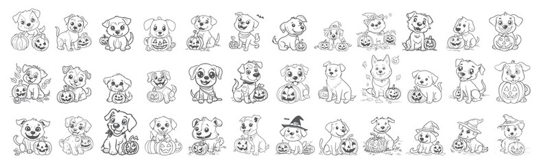 Kawaii Halloween Dogs Coloring Page Collection, Puppy Line Art Kit