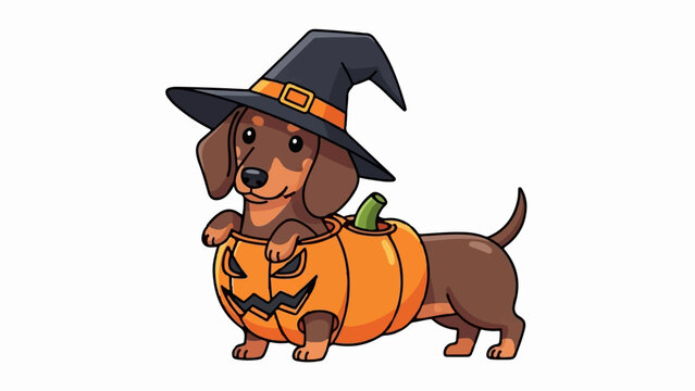 Adorable dachshund dressed in a witch hat and carved pumpkin costume for Halloween fun