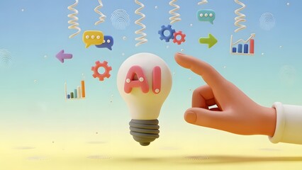 A cartoon hand pointing to an ai lightbulb surrounded by digital icons and data visualizations
