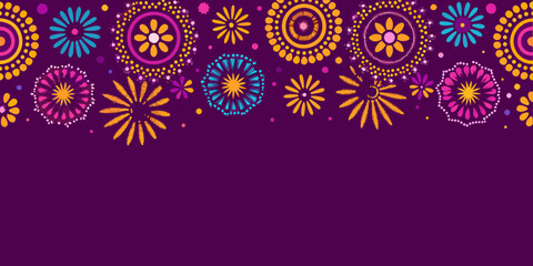 Vibrant floral patterns on a purple background with colorful flowers