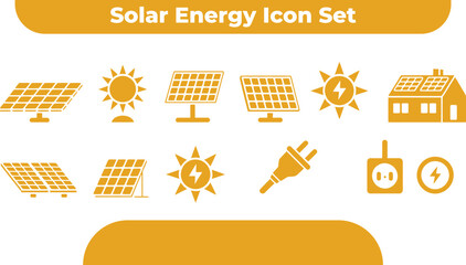 A set of solar energy icons representing renewable power sources and technology