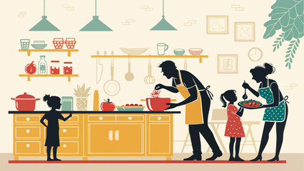 Family cooking together in modern kitchen with aprons on