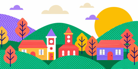 Obraz premium a colorful cartoon village with houses and trees on green hills