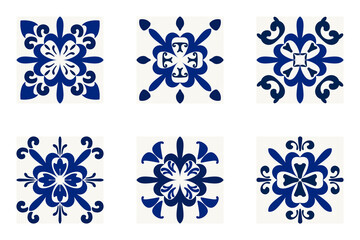 A collection of six blue Scandinavian-style snowflake motifs on a soft pink background. Perfect for winter holidays, Nordic crafts, seamless patterns, and elegant Christmas decor.