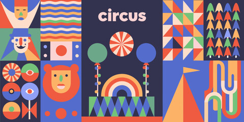 a colorful collage of geometric shapes and circus themed illustrations © Shuvra Majumder