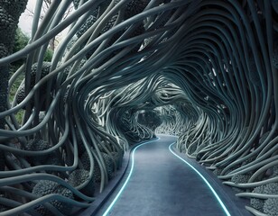 Surreal tunnel or cave interior made of organic interwoven vines and roots with glowing blue light path, fantastical architecture and mysterious environment