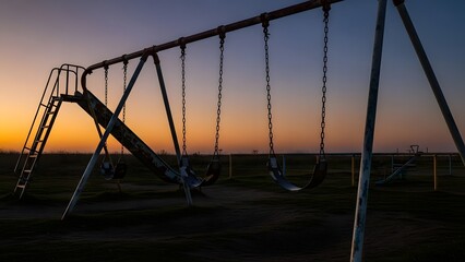Fototapeta premium Empty playground swings and slide silhouetted against a vibrant orange and blue sunset sky.