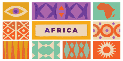 Colorful geometric patterns and african continent map in a grid display © Shuvra Majumder